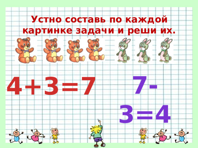 Устно составь по каждой картинке задачи и реши их. 7-3=4 4+3=7 