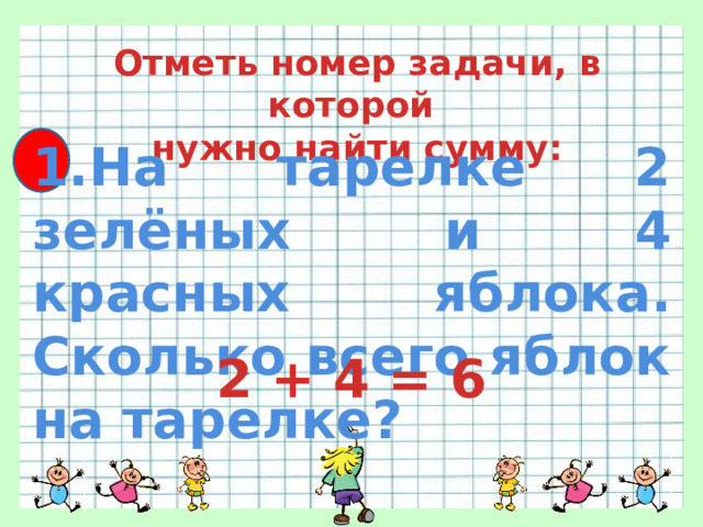 Отметь номер задачи, в которой нужно найти сумму: 1.На тарелке 2 зелёных и 4 красных яблока. Сколько всего яблок на тарелке? 2 + 4 = 6 
