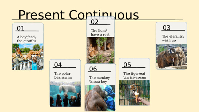 Present Continuous 02 03 01 The lions\have a rest The elefants\ wash up A boy\feed\the giraffes 05 04 06 The tiger\eat \an ice-cream The polar bear\swim The monkey \kiss\a boy 