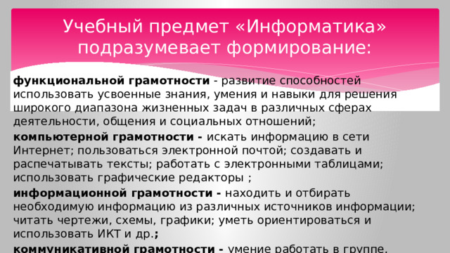 Учебный предмет «Информатика» подразумевает формирование: функциональной грамотности - развитие способностей использовать усвоенные знания, умения и навыки для решения широкого диапазона жизненных задач в различных сферах деятельности, общения и социальных отношений; компьютерной грамотности - искать информацию в сети Интернет; пользоваться электронной почтой; создавать и распечатывать тексты; работать с электронными таблицами; использовать графические редакторы  ; информационной грамотности - находить и отбирать необходимую информацию из различных источников информации; читать чертежи, схемы, графики; уметь ориентироваться и использовать ИКТ и др. ; коммуникативной грамотности - умение работать в группе, команде; не поддаваться колебаниям своего настроения; приспосабливаться к новым, непривычным требованиям и условиям; организовать работу группы . 