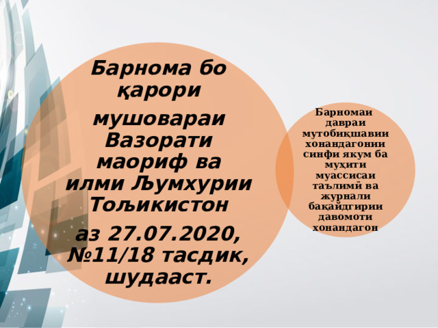 Барнома бо қарори мушовараи Вазорати маориф ва илми Љумхурии Тољикистон аз 27.07.2020, №11/18 тасдик, шудааст. Барномаи  давраи мутобиқшавии хонандагонии синфи якум ба муҳити муассисаи таълимӣ ва журнали бақайдгирии давомоти хонандагон 