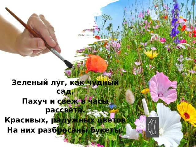 Зеленый луг, как чудный сад, Пахуч и свеж в часы рассвета. Красивых, радужных цветов На них разбросаны букеты.  