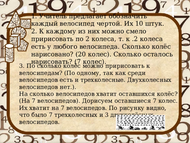 1. Учитель предлагает обозначить каждый велосипед чертой. Их 10 штук.  2. К каждому из них можно смело пририсовать по 2 колеса, т. к .2 колеса есть у любого велосипеда. Сколько колёс нарисовано? (20 колес). Сколько осталось нарисовать? (7 колес). 3. По сколько колёс можно пририсовать к велосипедам? (По одному, так как среди велосипедов есть и трехколесные. Двухколесных велосипедов нет.).   На сколько велосипедов хватит оставшихся колёс? (На 7 велосипедов). Дорисуем оставшиеся 7 колес. Их хватит на 7 велосипедов. По рисунку видно, что было 7 трехколесных и 3 двухколёсных велосипедов.   