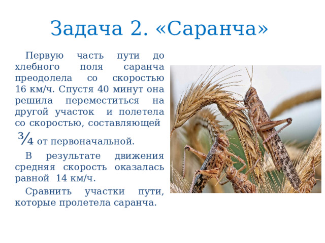 Задача 2. «Саранча» Первую часть пути до хлебного поля саранча преодолела со скоростью 16 км/ч. Спустя 40 минут она решила переместиться на другой участок и полетела со скоростью, составляющей ¾ от первоначальной. В результате движения средняя скорость оказалась равной 14 км/ч. Сравнить участки пути, которые пролетела саранча. 