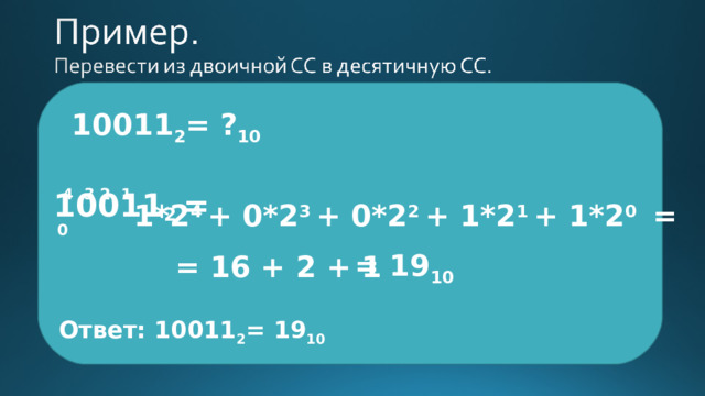 10011 2 = ? 10     10011 2 =    4 3 2 1 0 1*2 4 + 0*2 3 + 0*2 2 + 1*2 1 + 1*2 0 =  = 19 10 = 16 + 2 + 1 Ответ: 10011 2 = 19 10 