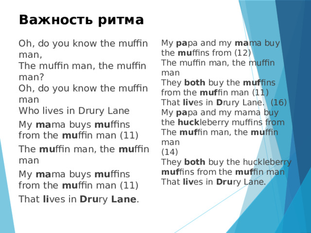 Важность ритма Oh, do you know the muffin man, My pa pa and my ma ma buy the mu ffins from (12) The muffin man, the muffin man? The muffin man, the muffin man Oh, do you know the muffin man They both buy the muf fins from the muf fin man (11) Who lives in Drury Lane That liv es in D rury Lane. (16) My pa pa and my mama buy the huck leberry muffins from My ma ma buys mu ffins from the mu ffin man (11) The mu ffin man, the mu ffin man The muf fin man, the mu ffin man (14) My ma ma buys mu ffins from the mu ffin man (11) They both buy the huckleberry muf fins from the muf fin man That liv es in Dru ry Lane. That li ves in Dru ry Lane . 