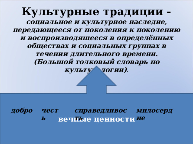 Культурные традиции - социальное и культурное наследие, передающееся от поколения к поколению и воспроизводящееся в определённых обществах и социальных группах в течении длительного времени.  (Большой толковый словарь по культурологии) . вечные ценности добро честь справедливость милосердие 