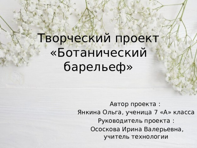 Творческий проект «Ботанический барельеф» Автор проекта : Янкина Ольга, ученица 7 «А» класса Руководитель проекта :  Ососкова Ирина Валерьевна, учитель технологии 