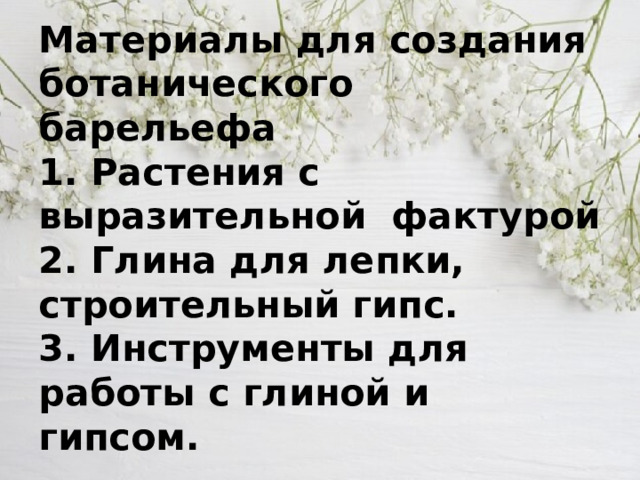 Материалы для создания ботанического барельефа  1. Растения с выразительной фактурой  2. Глина для лепки, строительный гипс.  3. Инструменты для работы с глиной и гипсом. 