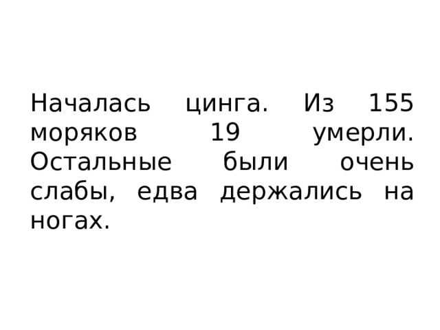 Началась цинга. Из 155 моряков 19 умерли. Остальные были очень слабы, едва держались на ногах. 