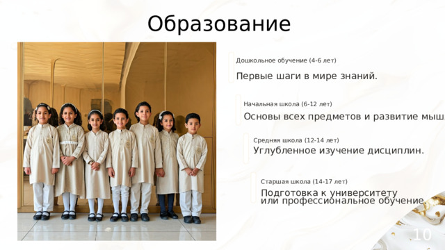 Образование Дошкольное обучение (4-6 лет) Первые шаги в мире знаний. Начальная школа (6-12 лет) Основы всех предметов и развитие мышления. Средняя школа (12-14 лет) Углубленное изучение дисциплин. Старшая школа (14-17 лет) Подготовка к университету или профессиональное обучение. 10 