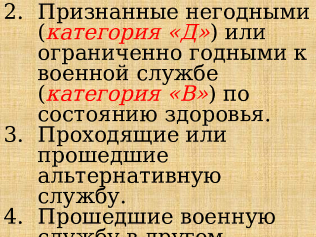 Признанные негодными ( категория «Д» ) или ограниченно годными к военной службе ( категория «В» ) по состоянию здоровья. Проходящие или прошедшие альтернативную службу. Прошедшие военную службу в другом государстве. 