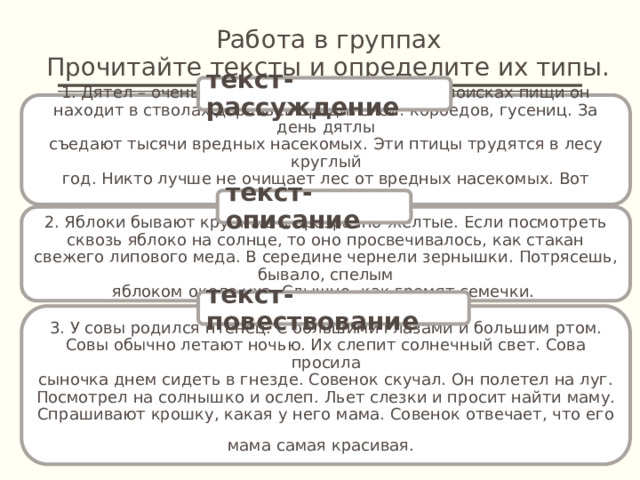 Работа в группах  Прочитайте тексты и определите их типы. текст‑ рассуждение 1. Дятел – очень полезная для леса птица. В поисках пищи он находит в стволах деревьев вредителей: короедов, гусениц. За день дятлы  съедают тысячи вредных насекомых. Эти птицы трудятся в лесу круглый  год. Никто лучше не очищает лес от вредных насекомых. Вот поэтому эти  пернатые труженики полезны.   текст‑ описание 2. Яблоки бывают крупные и прозрачно-желтые. Если посмотреть  сквозь яблоко на солнце, то оно просвечивалось, как стакан свежего липового меда. В середине чернели зернышки. Потрясешь, бывало, спелым  яблоком около уха. Слышно, как гремят семечки.   текст‑ повествование 3. У совы родился птенец. С большими глазами и большим ртом.  Совы обычно летают ночью. Их слепит солнечный свет. Сова просила  сыночка днем сидеть в гнезде. Совенок скучал. Он полетел на луг. Посмотрел на солнышко и ослеп. Льет слезки и просит найти маму. Спрашивают крошку, какая у него мама. Совенок отвечает, что его мама самая красивая.    