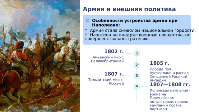 Армия и внешняя политика Особенности устройства армии при Наполеоне: Армия стала символом национальной гордости. Наполеон не внедрял военные новшества, но совершенствовал стратегию. 1802 г. 1 Амьенский мир с Великобританией 1805 г. 2 Победа при Аустерлице и распад Священной Римской империи 1807 г. 3 Тильзитский мир с Россией 1807—1808 гг. 4 Испанская кампания - война на Пиренейском полуострове, провал кампании против партизан 