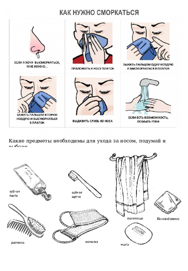 Какие предметы необходимы для ухода за носом, подумай и выбери. 