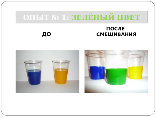 опыт № 1: ЗЕЛЁНЫЙ ЦВЕТ ОПЫТ № 1: ЗЕЛЁНЫЙ ЦВЕТ ДО ПОСЛЕ СМЕШИВАНИЯ 