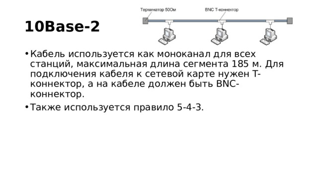 10Base-2 Кабель используется как моноканал для всех станций, максимальная длина сегмента 185 м. Для подключения кабеля к сетевой карте нужен T-коннектор, а на кабеле должен быть BNC-коннектор. Также используется правило 5-4-3. 