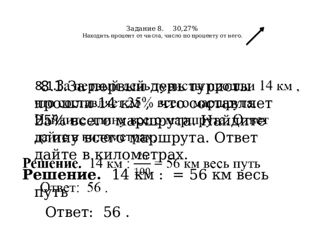   Задание 8. 30,27%  Находить процент от числа, число по проценту от него.    8.1. За первый день туристы прошли 14 км , что составляет 25% всего маршрута. Найдите длину всего маршрута. Ответ дайте в километрах.   Решение. 14 км : = 56 км весь путь  Ответ:  56 . 