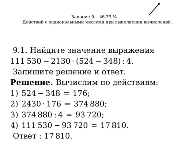   Задание 9. 46,73 %  Д ействий с рациональными числами при выполнении вычислений .    9.1. Найдите значение выражения  111 530 − 2130 · (524 − 348) : 4.   Запишите решение и ответ. Решение. Вычислим по действиям: 1)  524 − 348  =  176; 2)  2430 · 176  =  374 880; 3)  374 880 : 4  =  93 720; 4)  111 530 − 93 720  =  17 810.  Ответ : 17 810. 