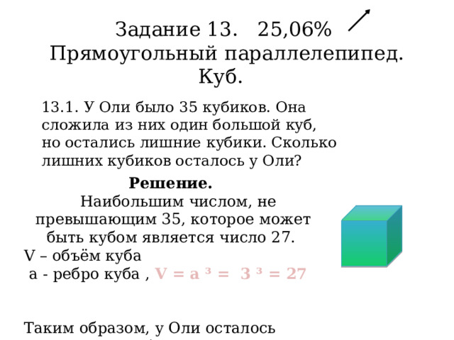 Задание 13. 25,06%  Прямоугольный параллелепипед. Куб.   13.1. У Оли было 35 кубиков. Она сложила из них один большой куб, но остались лишние кубики. Сколько лишних кубиков осталось у Оли? Решение.  Наибольшим числом, не превышающим 35, которое может быть кубом является число 27. V – объём куба  a - ребро куба , V = а ³ = 3 ³ = 27 Таким образом, у Оли осталось  35 − 27  =  8 кубиков. Ответ: 8. 