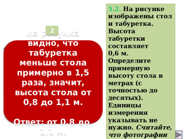 5.2. На рисунке изображены стол и табуретка. Высота табуретки составляет 0,6 м. Определите примерную высоту стола в метрах (с точностью до десятых). Единицы измерения указывать не нужно.  Считайте, что фотографии выполнены с одинакового расстояния при одном и том же увеличении . 2  Из рисунка видно, что табуретка меньше стола примерно в 1,5 раза, значит, высота стола от 0,8 до 1,1 м.   Ответ: от 0,8 до 1,1 м.  