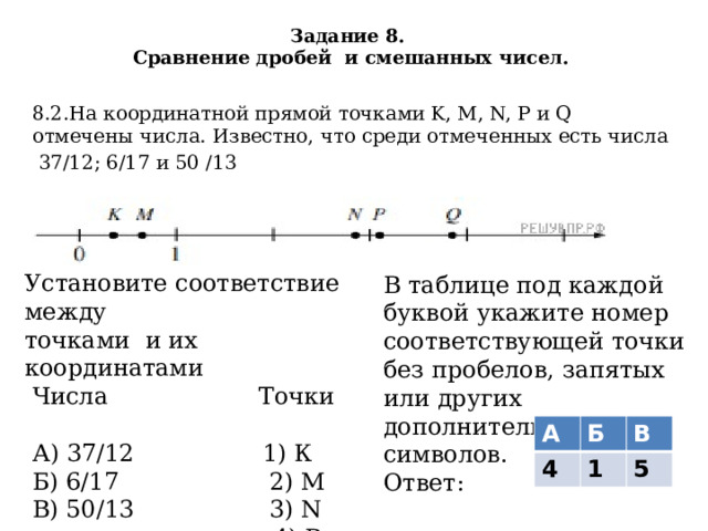 Задание 8.  Сравнение дробей и смешанных чисел. 8.2.На координатной прямой точками K, M, N, P и Q отмечены числа. Известно, что среди отмеченных есть числа  37/12; 6/17 и 50 /13 Установите соответствие между точками и их координатами  Числа Точки  А) 37/12 1) К  Б) 6/17 2) М  В) 50/13 3) N  4) P  5) Q В таблице под каждой буквой укажите номер соответствующей точки без пробелов, запятых или других дополнительных символов. Ответ: А 4 Б В 1 5 