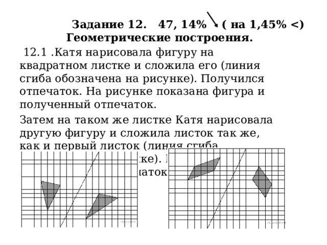  Задание 12. 47, 14% ( на 1,45%   Геометрические построения.  12.1 .Катя нарисовала фигуру на квадратном листке и сложила его (линия сгиба обозначена на рисунке). Получился отпечаток. На рисунке показана фигура и полученный отпечаток. Затем на таком же листке Катя нарисовала другую фигуру и сложила листок так же, как и первый листок (линия сгиба обозначена на рисунке). Нарисуйте получившийся отпечаток.   