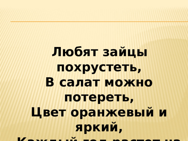  Любят зайцы похрустеть,  В салат можно потереть,  Цвет оранжевый и яркий,  Каждый год растет на грядке.   