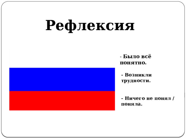 Рефлексия - Было всё понятно. - Возникли трудности. - Ничего не понял / поняла. 