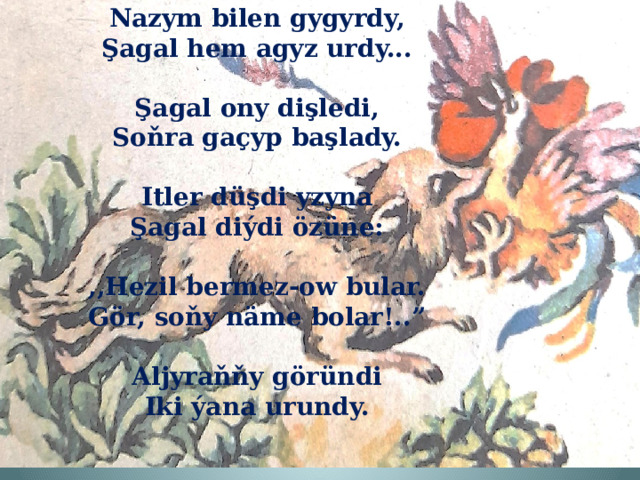Nazym bilen gygyrdy, Şagal hem agyz urdy...  Şagal ony dişledi, Soňra gaçyp başlady.  Itler düşdi yzyna Şagal diýdi özüne:  ,,Hezil bermez-ow bular. Gör, soňy näme bolar!..”  Aljyraňňy göründi Iki ýana urundy. 