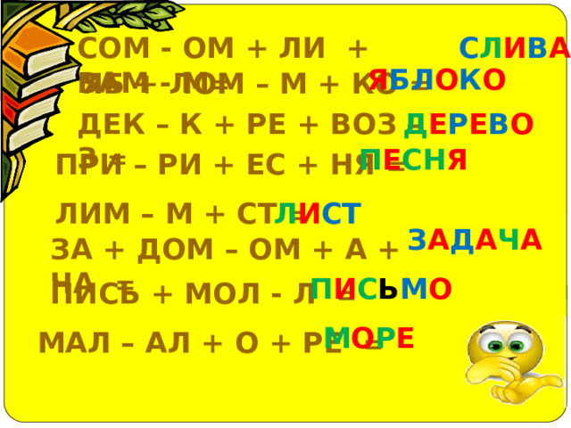 СОМ - ОМ + ЛИ + ВАМ - М = С Л И В А Я БЛ О К О ЯБ + ЛОМ – М + КО = ДЕК – К + РЕ + ВОЗ – З = Д Е Р Е В О П Е СН Я ПРИ – РИ + ЕС + НЯ = ЛИМ – М + СТ = Л И СТ З А Д А Ч А ЗА + ДОМ – ОМ + А + ЧА = П И С Ь М О ПИСЬ + МОЛ - Л = М О Р Е МАЛ – АЛ + О + РЕ = 