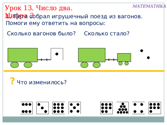 МАТЕМАТИКА Урок 13. Число два. Цифра 2 1. Петя собрал игрушечный поезд из вагонов. Помоги ему ответить на вопросы: Сколько вагонов было? Сколько стало? ? Что изменилось? 