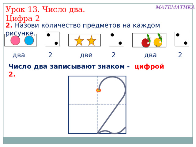 МАТЕМАТИКА Урок 13. Число два. Цифра 2 2. Назови количество предметов на каждом рисунке. 2 2 2 два две два Число два записывают знаком - цифрой 2. 