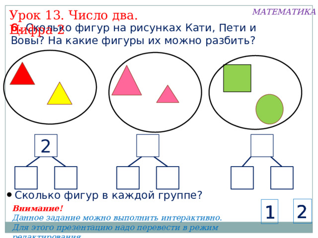 МАТЕМАТИКА Урок 13. Число два. Цифра 2 6. Сколько фигур на рисунках Кати, Пети и Вовы? На какие фигуры их можно разбить? 2  Сколько фигур в каждой группе? 2 2 2 2 2 2 1 1 1 1 1 1 Внимание! Данное задание можно выполнить интерактивно. Для этого презентацию надо перевести в режим редактирования. 10 