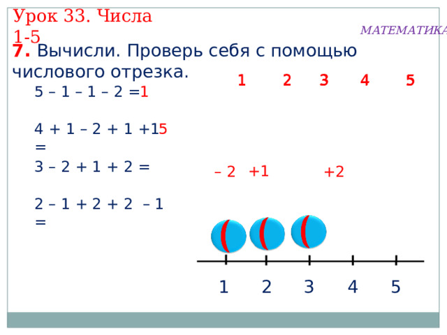 Урок 33. Числа 1-5 МАТЕМАТИКА 7. Вычисли. Проверь себя с помощью числового отрезка.  5 1 3 4  2  5 3 1  2 4 3 4  2  5 1 5 – 1 – 1 – 2 =  5 4 + 1 – 2 + 1 +1 = 3 – 2 + 1 + 2 = +1 +2 – 2 2 – 1 + 2 + 2 – 1 = 3 5 1 2 4 