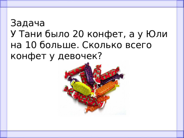 Задача У Тани было 20 конфет, а у Юли на 10 больше. Сколько всего конфет у девочек? 