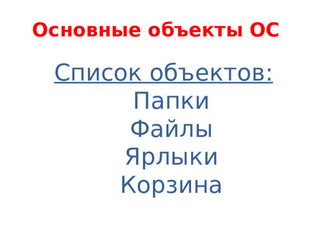 Основные объекты ОС Список объектов: Папки Файлы Ярлыки Корзина 
