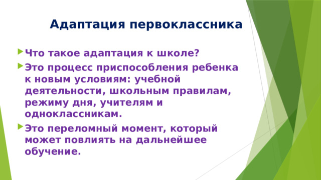 Адаптация первоклассника Что такое адаптация к школе?  Это процесс приспособления ребенка к новым условиям: учебной деятельности, школьным правилам, режиму дня, учителям и одноклассникам. Это переломный момент, который может повлиять на дальнейшее обучение. 