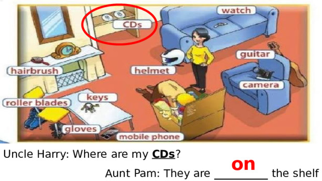Uncle Harry: Where are my CDs ? Aunt Pam: They are __________ the  shelf on 