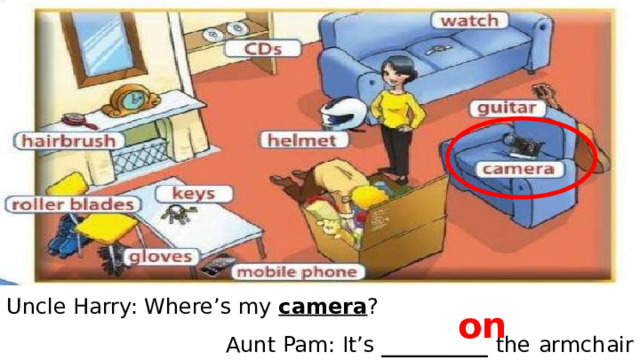 Uncle Harry: Where’s my camera ? Aunt Pam: It’s __________ the  armchair on 