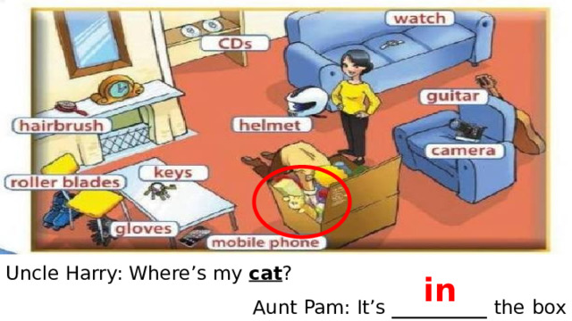 Uncle Harry: Where’s my cat ? Aunt Pam: It’s __________ the  box in 
