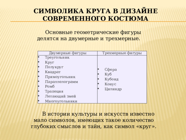 Символика круга в дизайне современного костюма Основные геометрические фигуры делятся на двумерные и трехмерные. Двумерные фигуры Трехмерные фигуры Треугольник Круг Полукруг Квадрат Прямоугольник Параллелограмм Ромб Трапеция Летающий змей Многоугольники Сфера Куб Кубоид Конус Цилиндр В истории культуры и искусств известно мало символов, имеющих такое количество глубоких смыслов и тайн, как символ «круг». 