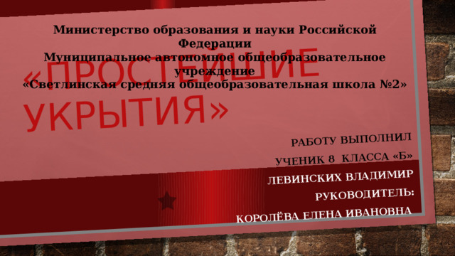 «Простейшие укрытия» Работу выполнил ученик 8 класса «Б» Левинских Владимир Руководитель: Королёва Елена Ивановна Министерство образования и науки Российской Федерации  Муниципальное автономное общеобразовательное учреждение  «Светлинская средняя общеобразовательная школа №2»   