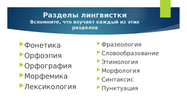  Разделы лингвистки  Вспомните, что изучает каждый из этих разделов Фонетика Орфоэпия Орфография Морфемика Лексикология Фразеология Словообразование Этимология Морфология Синтаксис Пунктуация 