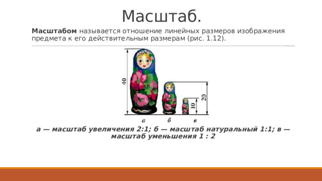 Масштаб. Масштабом называется отношение линейных размеров изображения предмета к его действительным размерам (рис. 1.12). Рис. 1.12. Масштабы:   а — масштаб увеличения 2:1; б — масштаб натуральный 1:1; в — масштаб уменьшения 1 : 2 