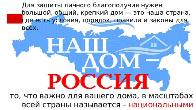 Для защиты личного благополучия нужен большой, общий, крепкий дом — это наша страна, где есть условия, порядок, правила и законы для всех. то, что важно для вашего дома, в масштабах всей страны называется - национальными интересами 
