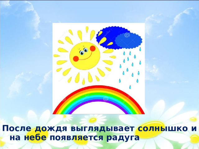 После дождя выглядывает солнышко и на небе появляется радуга 