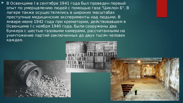 В Освенциме I в сентябре 1941 года был проведен первый опыт по умерщвлению людей с помощью газа 