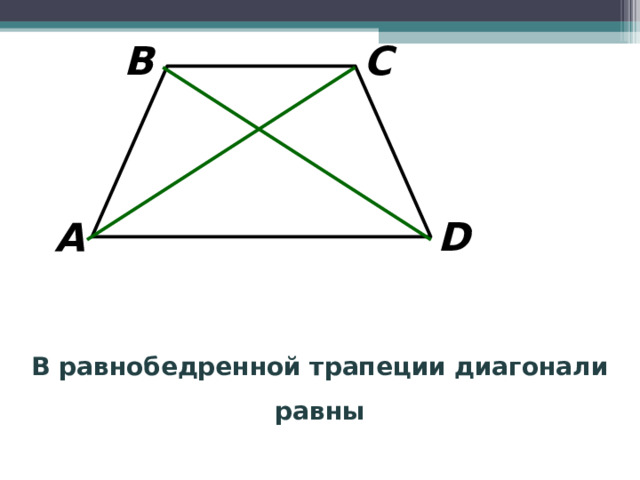 B C D A В равнобедренной трапеции диагонали равны 