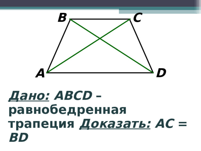 B C D A Дано:  ABCD – равнобедренная трапеция Доказать:  АС  = В D 